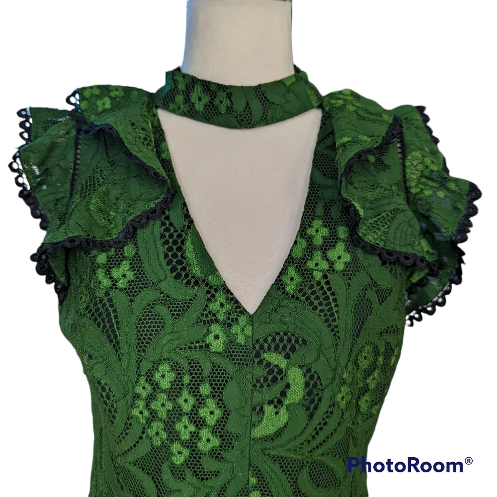Anthropologie Adelyn Rae Green Lace Sheath Dress Flutter Sleeve Size S - Picture 7 of 11